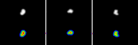 Elaborazione della immagine pubblicata, con "de-pixellizzazione" (in alto) e codifica a falsi colori per evidenziarne i dettagli più deboli/luminosi (in basso)